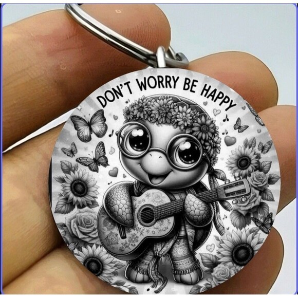 Cute Animal Tutle Sing Song Plag Guitar Don't Worry Be Happy Stainless Keychain - Picture 1 of 1